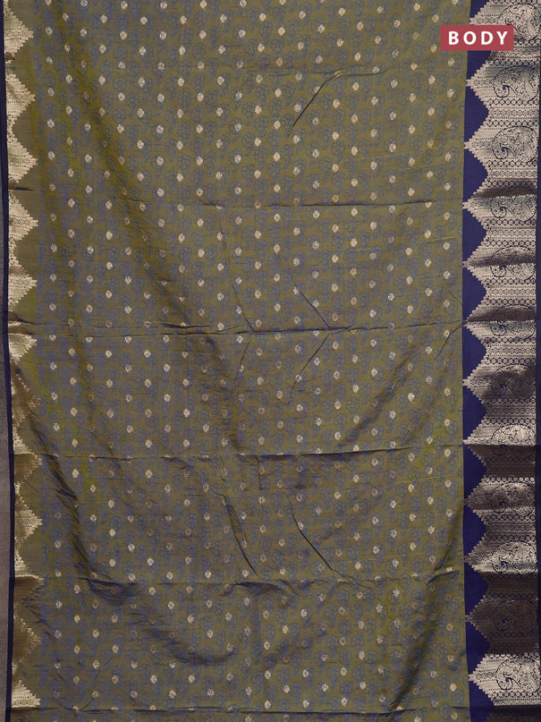 Semi raw silk saree dual shade of mehendi green and navy blue with allover floral butta prints & 1000 zari buttas and zari woven border