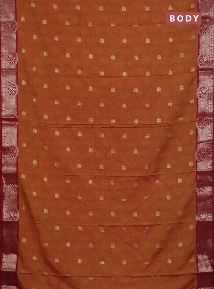 Semi raw silk saree dual shade of dark mustard and maroon with allover kalamkari prints & 1000 zari buttas and zari woven border