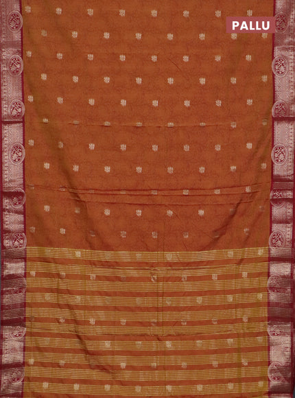 Semi raw silk saree dual shade of dark mustard and maroon with allover kalamkari prints & 1000 zari buttas and zari woven border