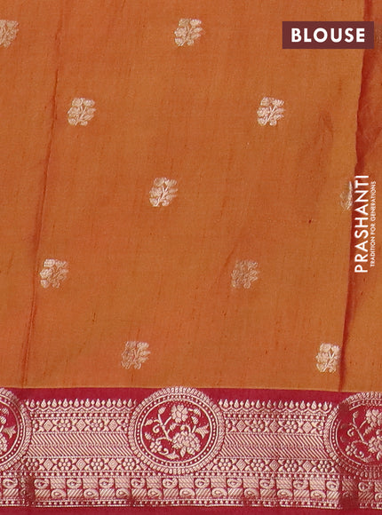 Semi raw silk saree dual shade of dark mustard and maroon with allover kalamkari prints & 1000 zari buttas and zari woven border