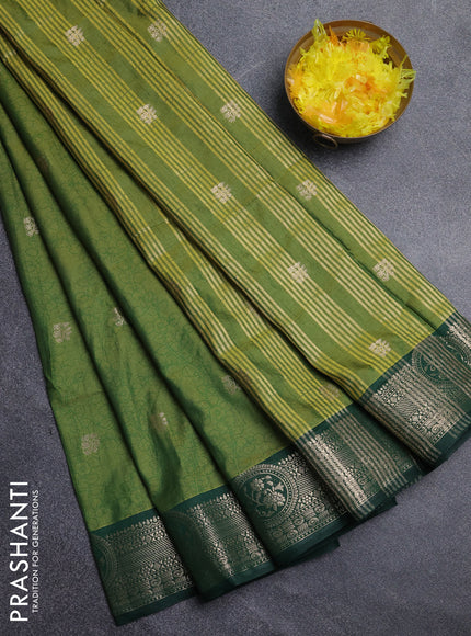 Semi raw silk saree mehendi green and bottle green with allover kalamkari prints & 1000 zari buttas and zari woven border