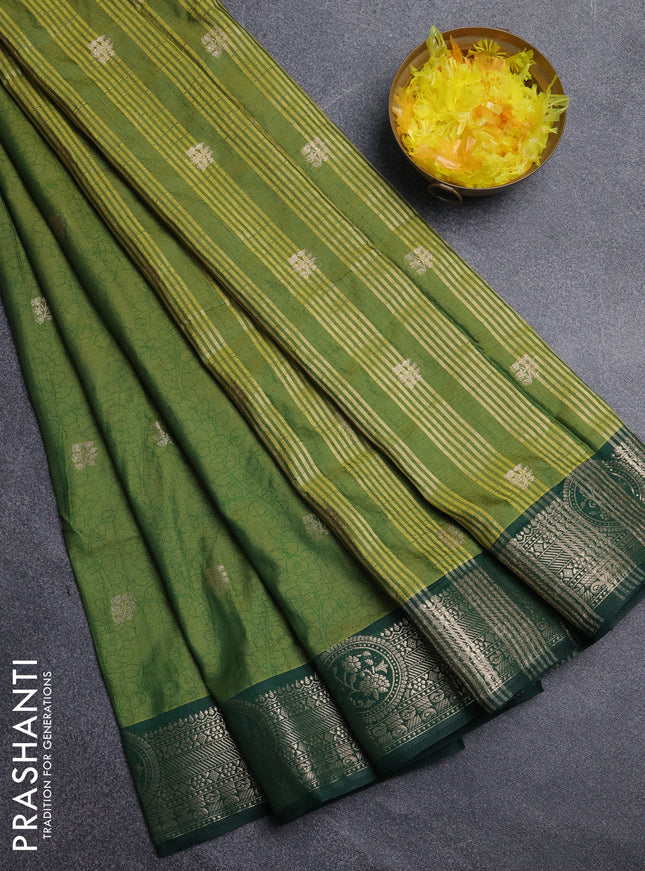 Semi raw silk saree mehendi green and bottle green with allover kalamkari prints & 1000 zari buttas and zari woven border