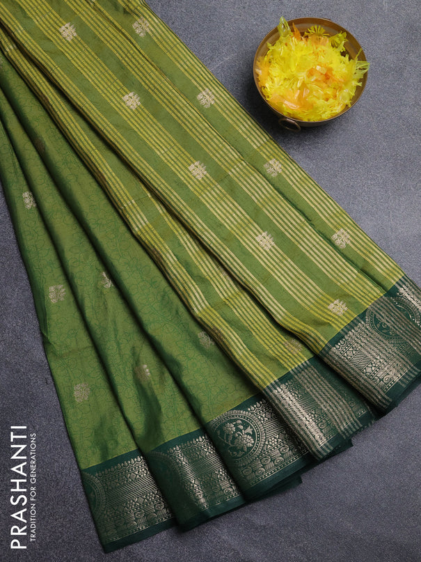 Semi raw silk saree mehendi green and bottle green with allover kalamkari prints & 1000 zari buttas and zari woven border