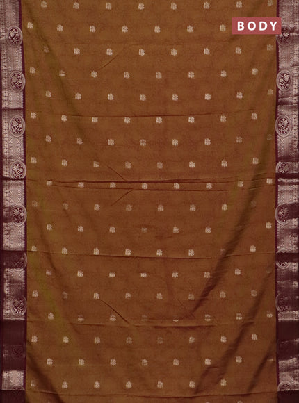 Semi raw silk saree dual shade of mustard green and wine shade with allover kalamkari prints & 1000 zari buttas and zari woven border