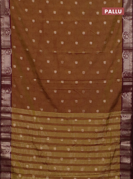 Semi raw silk saree dual shade of mustard green and wine shade with allover kalamkari prints & 1000 zari buttas and zari woven border