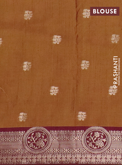 Semi raw silk saree dual shade of mustard green and wine shade with allover kalamkari prints & 1000 zari buttas and zari woven border