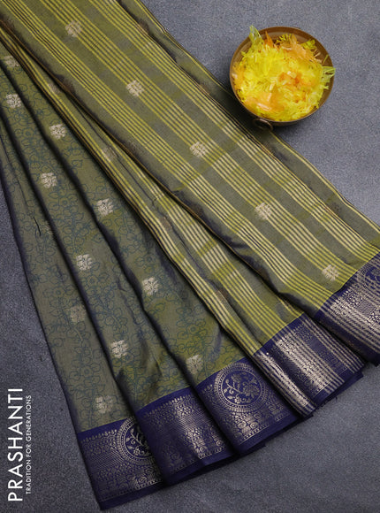 Semi raw silk saree mehendi green and navy blue with allover kalamkari prints & 1000 zari buttas and zari woven border