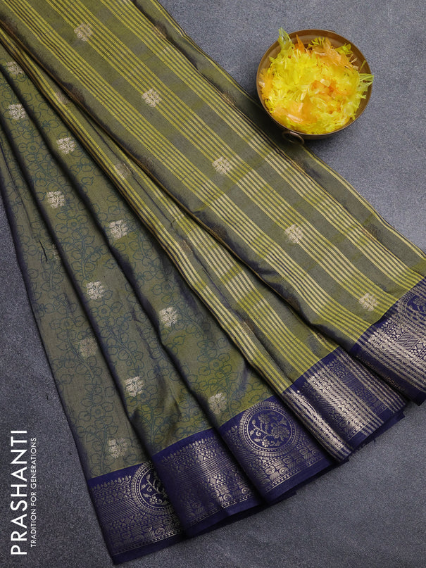 Semi raw silk saree mehendi green and navy blue with allover kalamkari prints & 1000 zari buttas and zari woven border