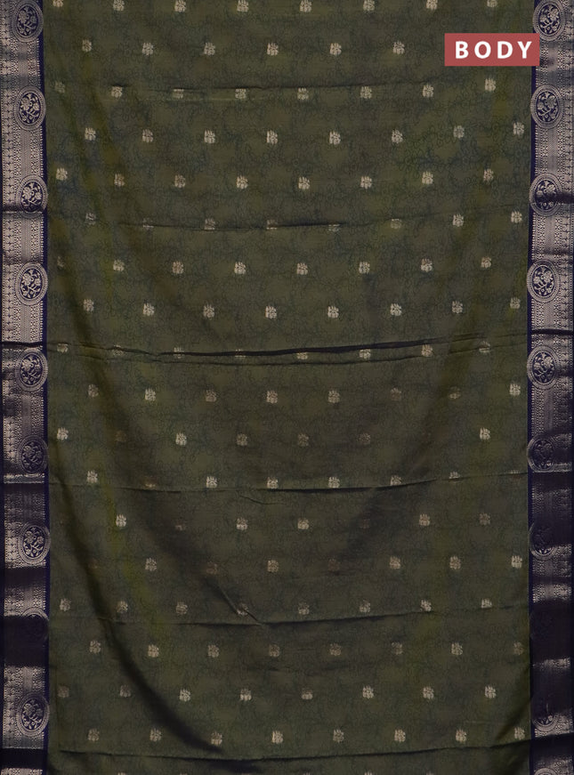 Semi raw silk saree mehendi green and navy blue with allover kalamkari prints & 1000 zari buttas and zari woven border
