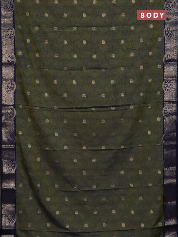 Semi raw silk saree mehendi green and navy blue with allover kalamkari prints & 1000 zari buttas and zari woven border