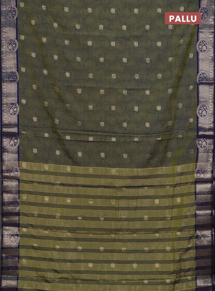 Semi raw silk saree mehendi green and navy blue with allover kalamkari prints & 1000 zari buttas and zari woven border