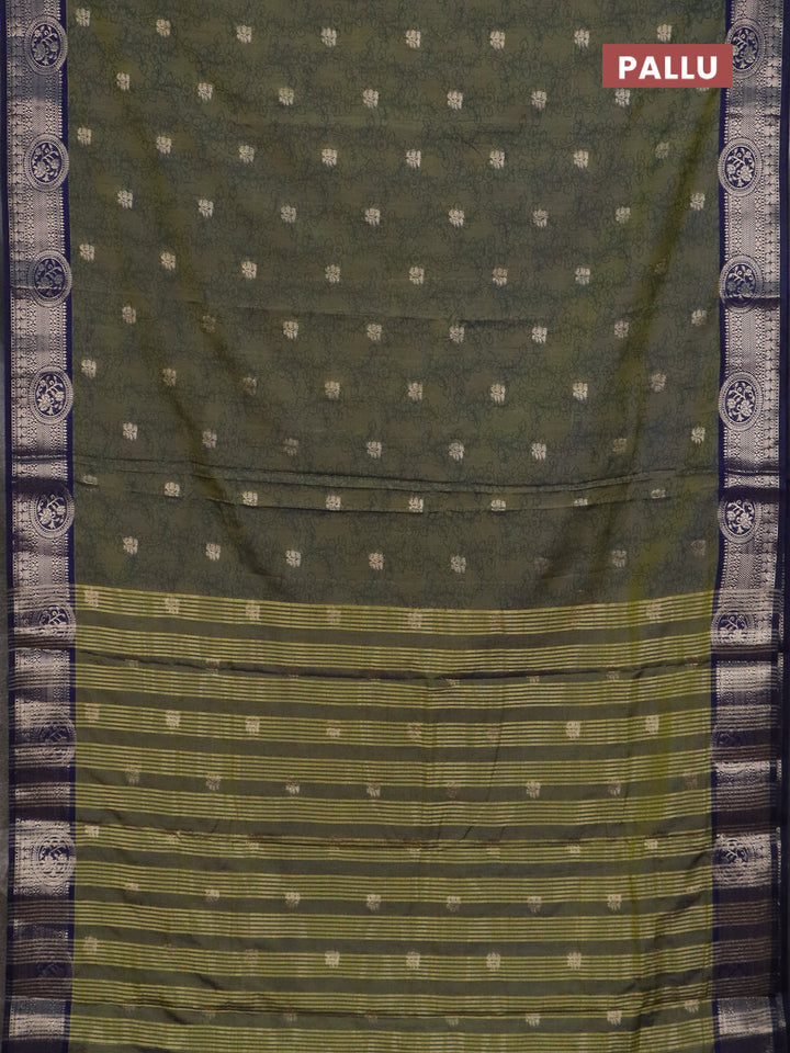 Semi raw silk saree mehendi green and navy blue with allover kalamkari prints & 1000 zari buttas and zari woven border