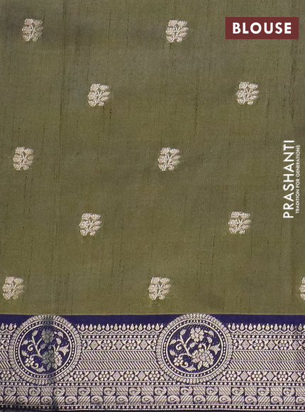 Semi raw silk saree mehendi green and navy blue with allover kalamkari prints & 1000 zari buttas and zari woven border