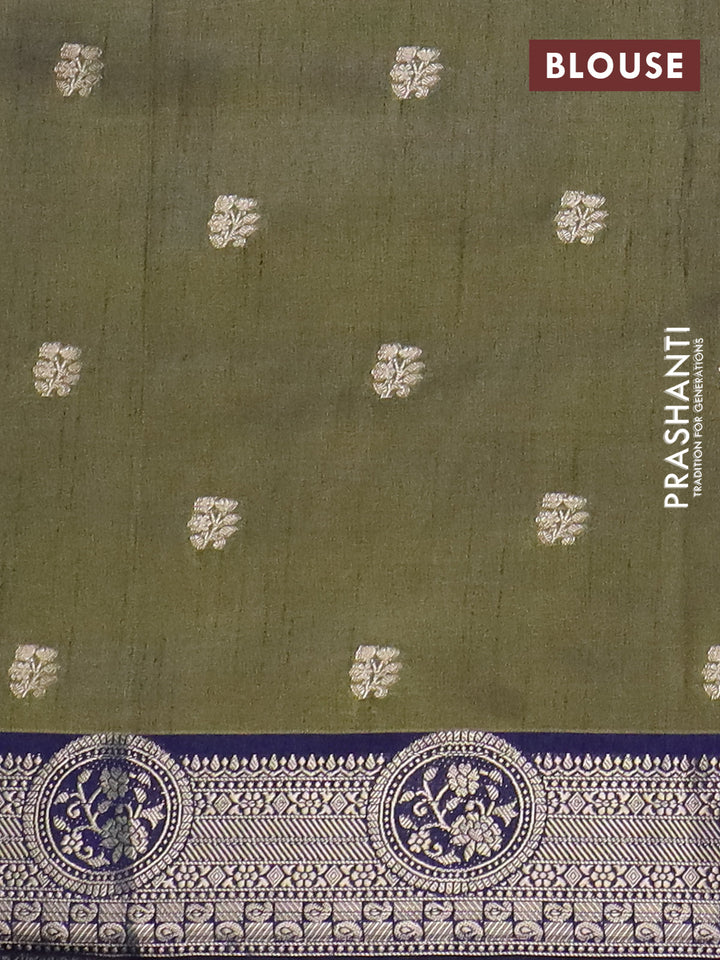 Semi raw silk saree mehendi green and navy blue with allover kalamkari prints & 1000 zari buttas and zari woven border