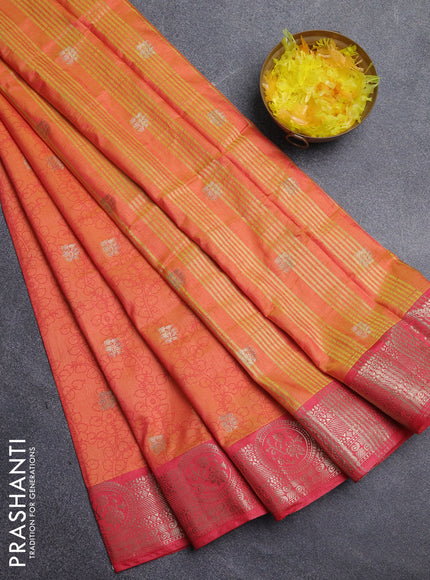 Semi raw silk saree dual shade of orange and pink shade with allover kalamkari prints & 1000 zari buttas and zari woven border