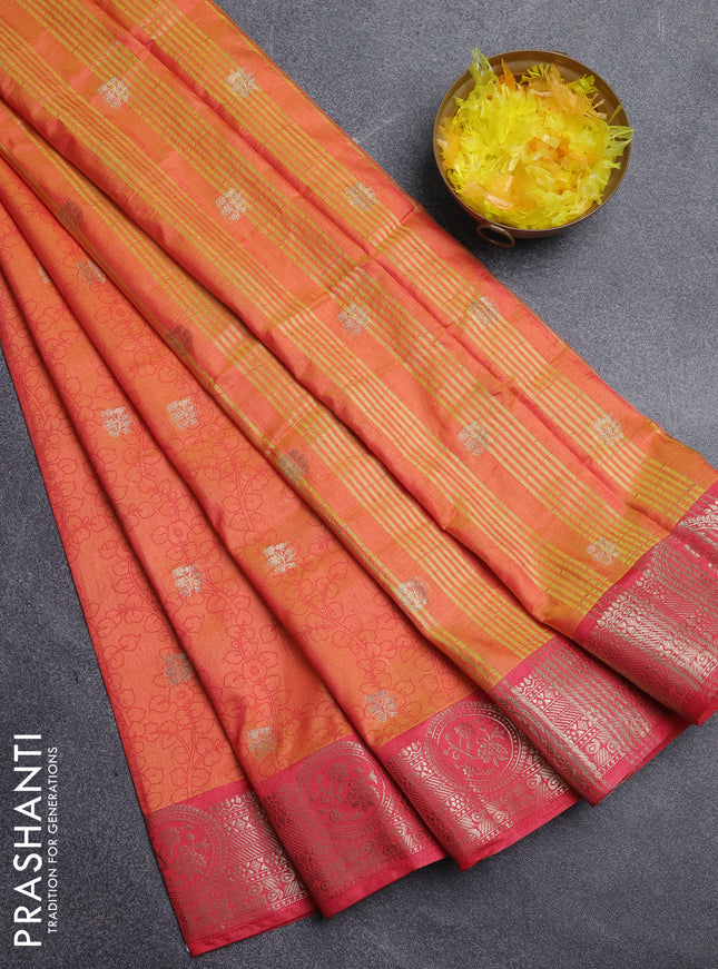 Semi raw silk saree dual shade of orange and pink shade with allover kalamkari prints & 1000 zari buttas and zari woven border