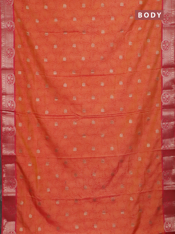 Semi raw silk saree dual shade of orange and pink shade with allover kalamkari prints & 1000 zari buttas and zari woven border