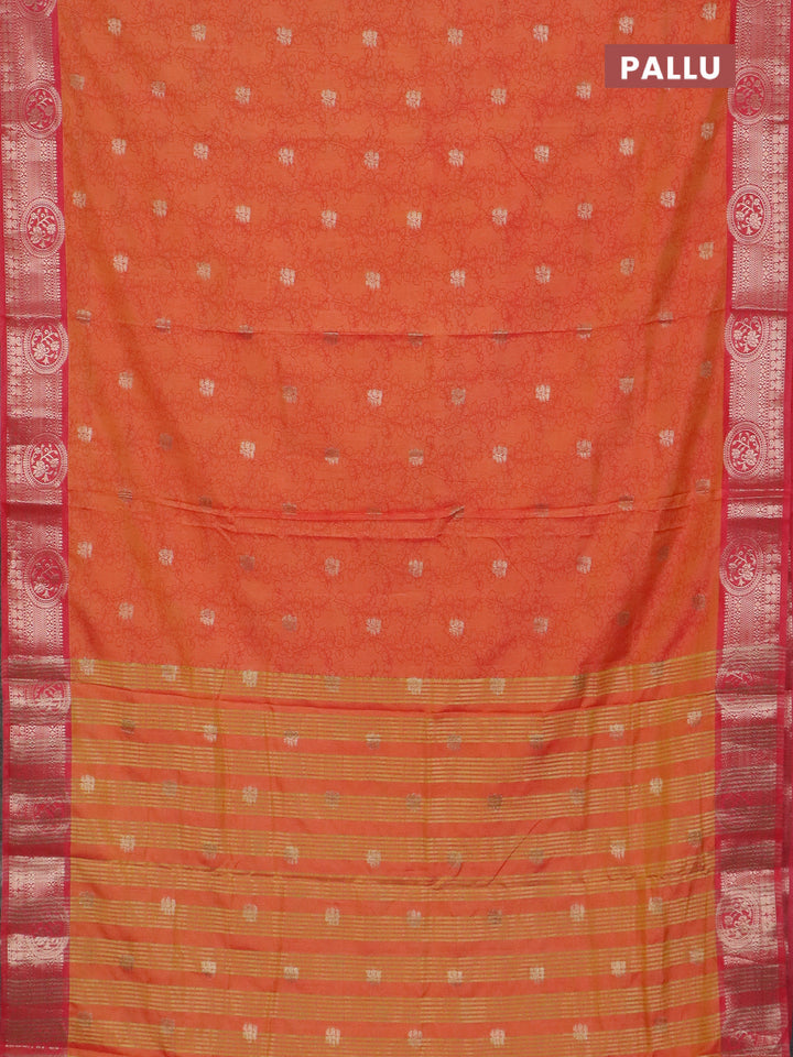 Semi raw silk saree dual shade of orange and pink shade with allover kalamkari prints & 1000 zari buttas and zari woven border