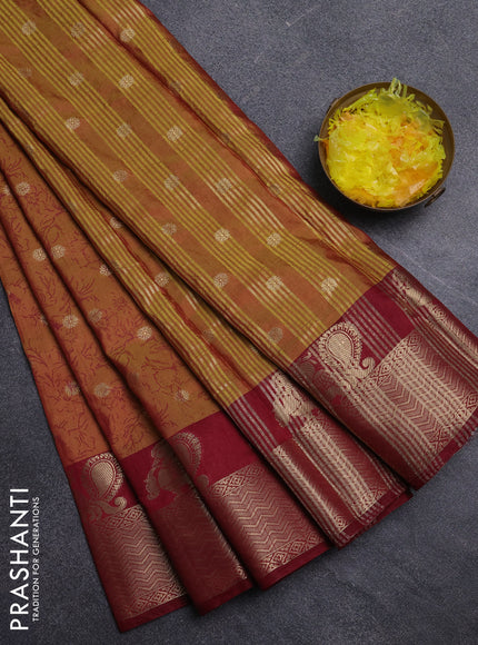 Semi raw silk saree dark mustard and maroon with allover prints & 1000 zari buttas and zari woven border