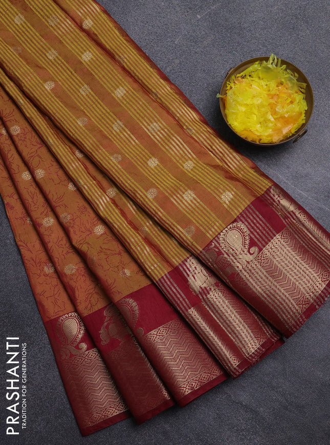 Semi raw silk saree dark mustard and maroon with allover prints & 1000 zari buttas and zari woven border