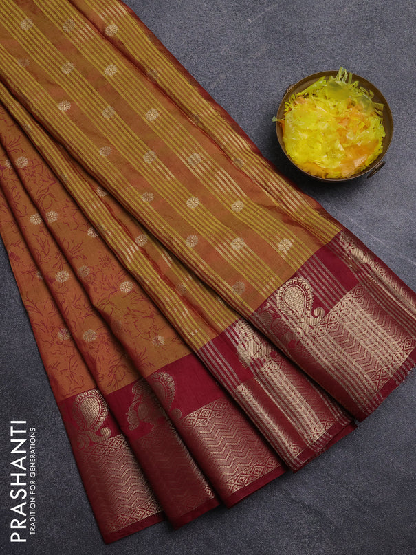 Semi raw silk saree dark mustard and maroon with allover prints & 1000 zari buttas and zari woven border