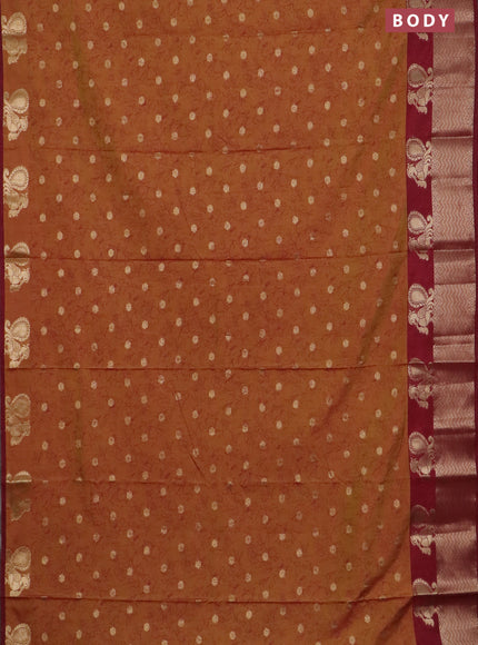 Semi raw silk saree dark mustard and maroon with allover prints & 1000 zari buttas and zari woven border
