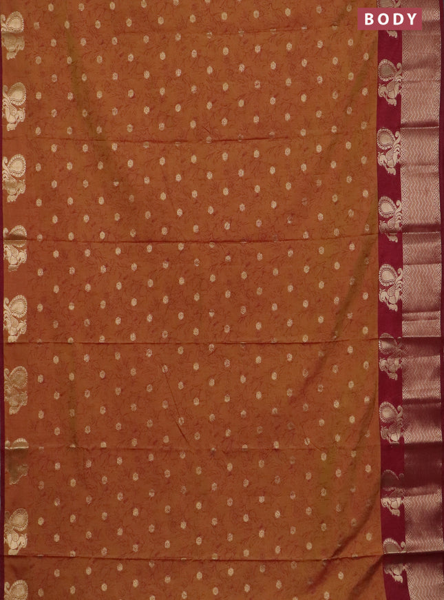 Semi raw silk saree dark mustard and maroon with allover prints & 1000 zari buttas and zari woven border