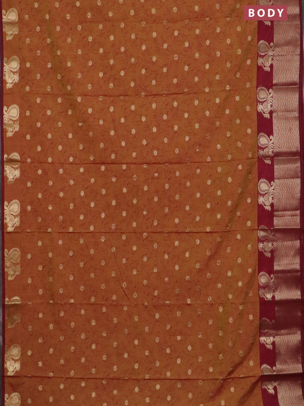 Semi raw silk saree dark mustard and maroon with allover prints & 1000 zari buttas and zari woven border