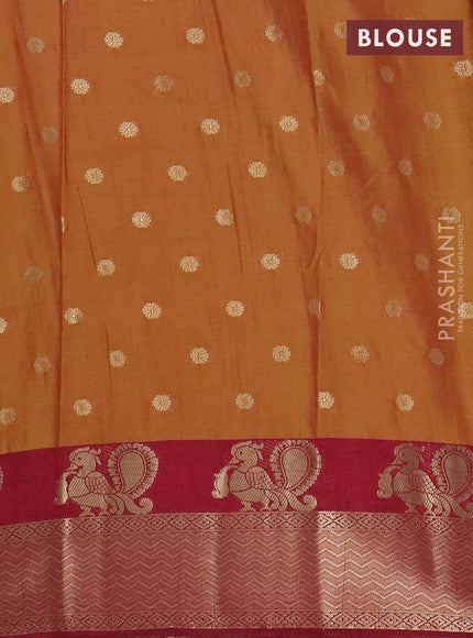 Semi raw silk saree dark mustard and maroon with allover prints & 1000 zari buttas and zari woven border