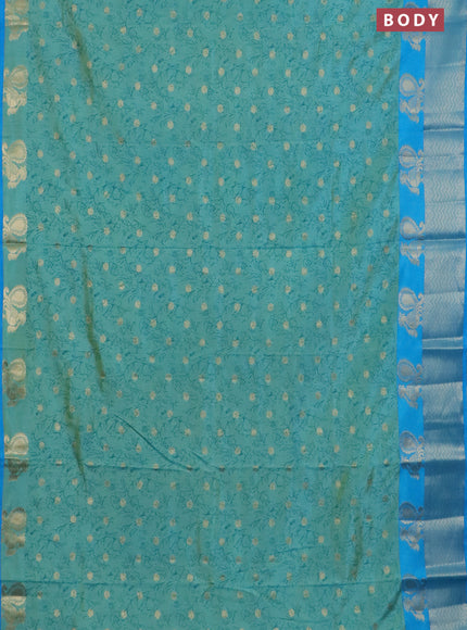 Semi raw silk saree dual shade of teal bluish green and cs blue with allover prints & 1000 zari buttas and zari woven border