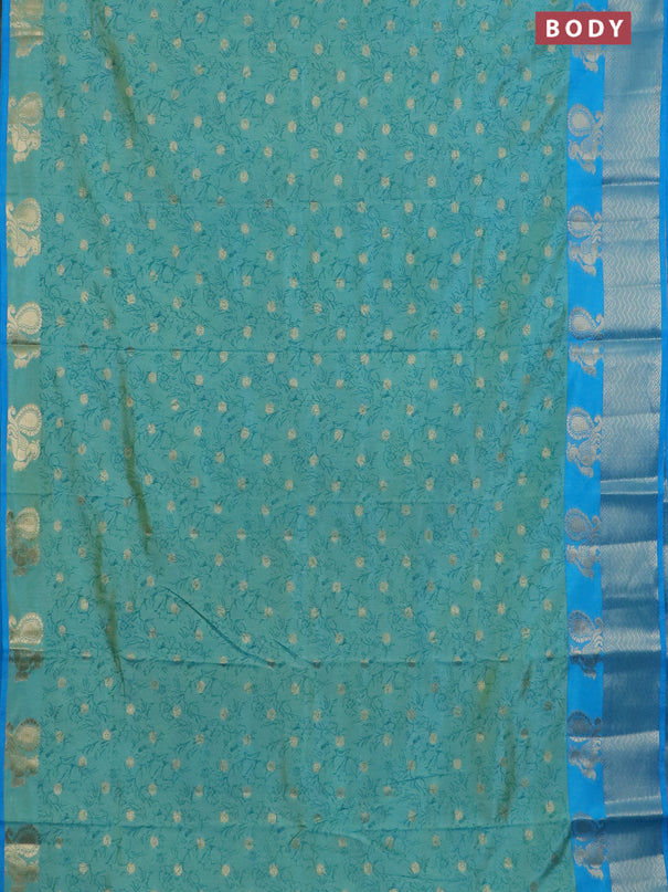Semi raw silk saree dual shade of teal bluish green and cs blue with allover prints & 1000 zari buttas and zari woven border