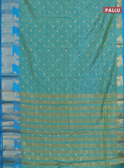 Semi raw silk saree dual shade of teal bluish green and cs blue with allover prints & 1000 zari buttas and zari woven border