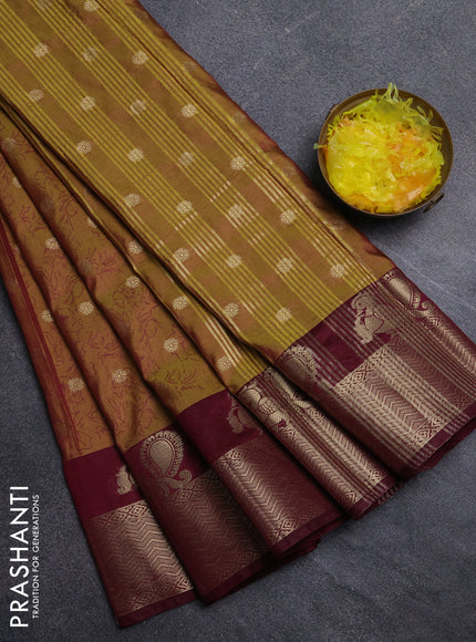 Semi raw silk saree dual shade of mustard green and wine shade with allover prints & 1000 zari buttas and zari woven border