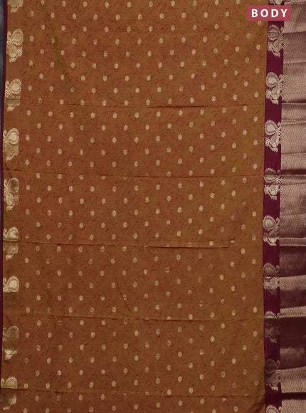 Semi raw silk saree dual shade of mustard green and wine shade with allover prints & 1000 zari buttas and zari woven border