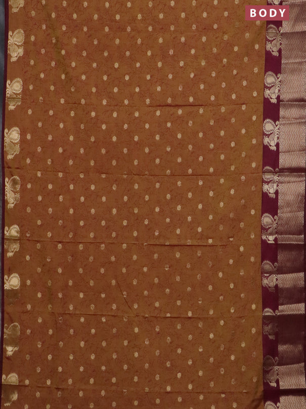 Semi raw silk saree dual shade of mustard green and wine shade with allover prints & 1000 zari buttas and zari woven border