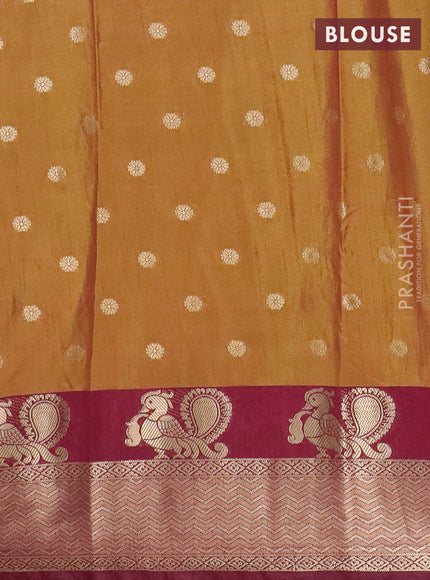 Semi raw silk saree dual shade of mustard green and wine shade with allover prints & 1000 zari buttas and zari woven border