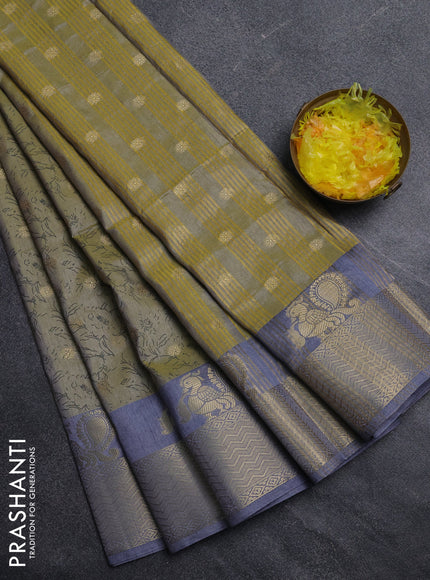 Semi raw silk saree elaichi green and grey with allover prints & 1000 zari buttas and zari woven border