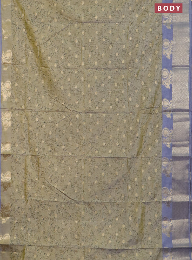 Semi raw silk saree elaichi green and grey with allover prints & 1000 zari buttas and zari woven border