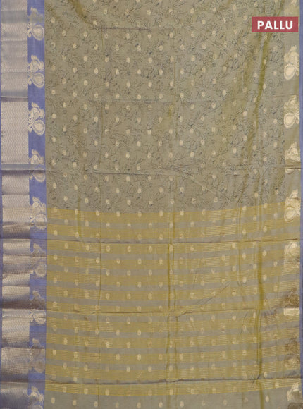 Semi raw silk saree elaichi green and grey with allover prints & 1000 zari buttas and zari woven border