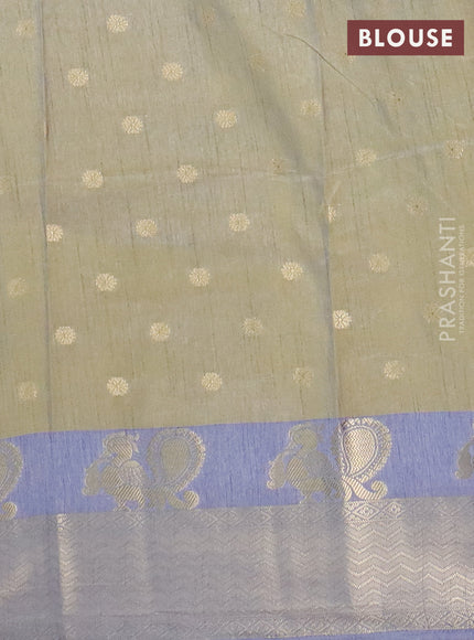 Semi raw silk saree elaichi green and grey with allover prints & 1000 zari buttas and zari woven border