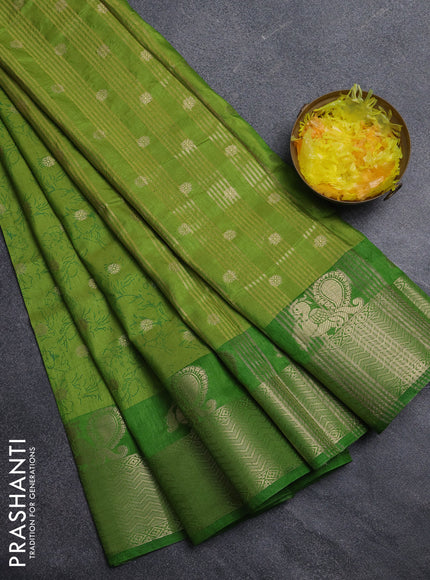 Semi raw silk saree light green and green with allover prints & 1000 zari buttas and zari woven border