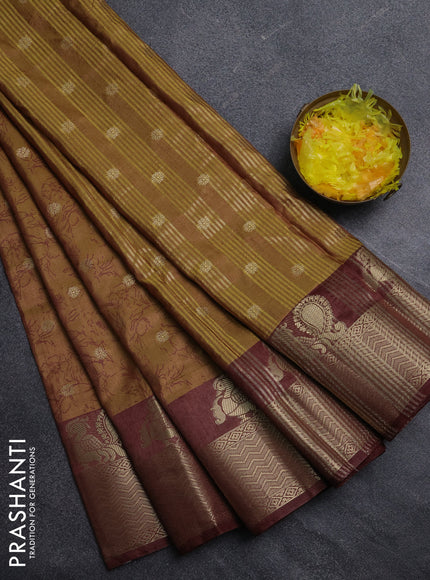 Semi raw silk saree mehendi green and brown with allover prints & 1000 zari buttas and zari woven border