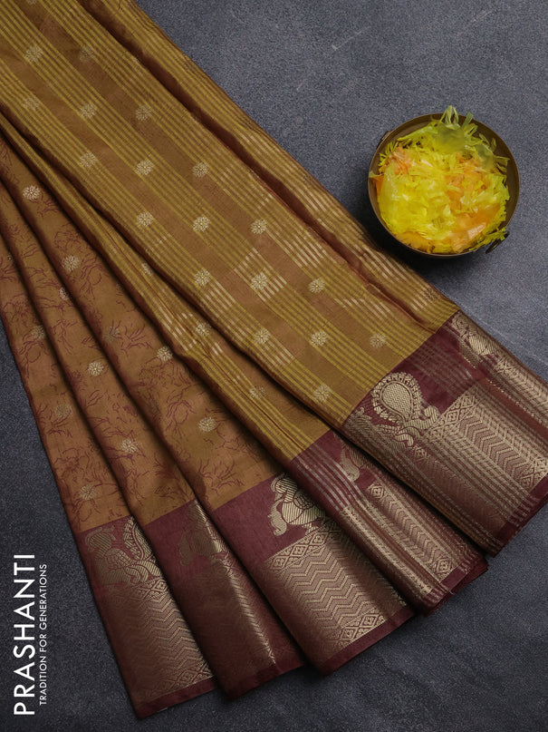 Semi raw silk saree mehendi green and brown with allover prints & 1000 zari buttas and zari woven border