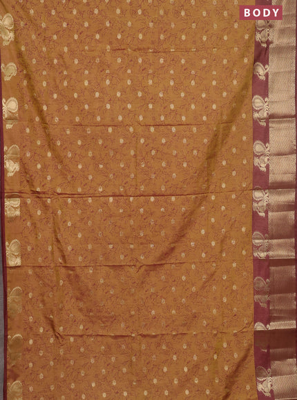 Semi raw silk saree mehendi green and brown with allover prints & 1000 zari buttas and zari woven border