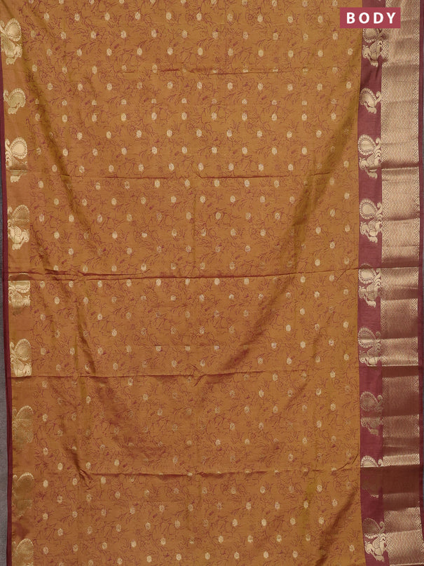 Semi raw silk saree mehendi green and brown with allover prints & 1000 zari buttas and zari woven border