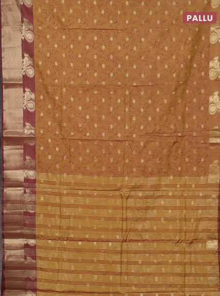 Semi raw silk saree mehendi green and brown with allover prints & 1000 zari buttas and zari woven border