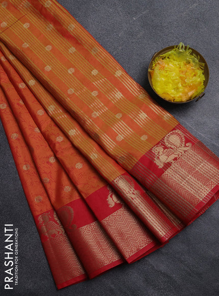 Semi raw silk saree dual shade of orange and red with allover prints & 1000 zari buttas and zari woven border