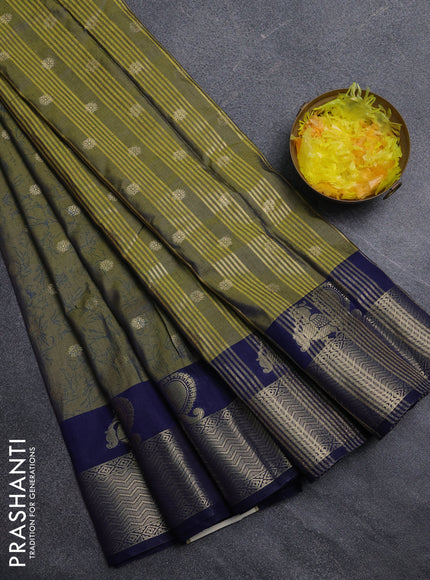 Semi raw silk saree mehendi green and navy blue with allover prints & 1000 zari buttas and zari woven border