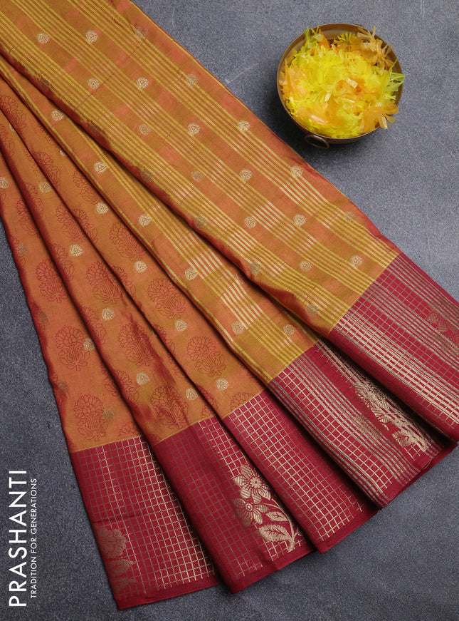 Semi raw silk saree dark mustard and maroon with allover floral butta prints & 1000 zari buttas and long zari woven border