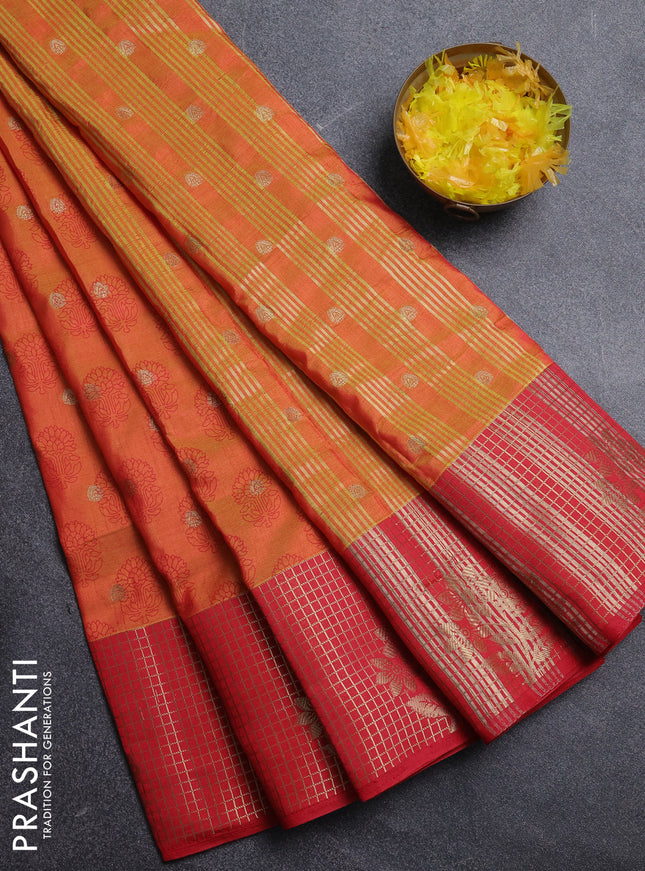 Semi raw silk saree dual shade of orange and red with allover floral butta prints & 1000 zari buttas and long zari woven border